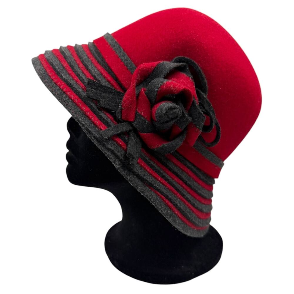 Vtg 90s Y2K Memar Italy Wool Felt Cloche Hat Stripe Flower Preppy Dark Academia